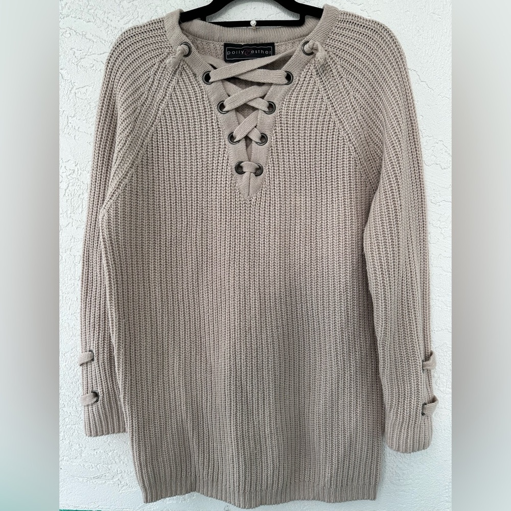 Polly Esther Sweater Knitted Lace Up V-Neck Long Sleeve Tan XL